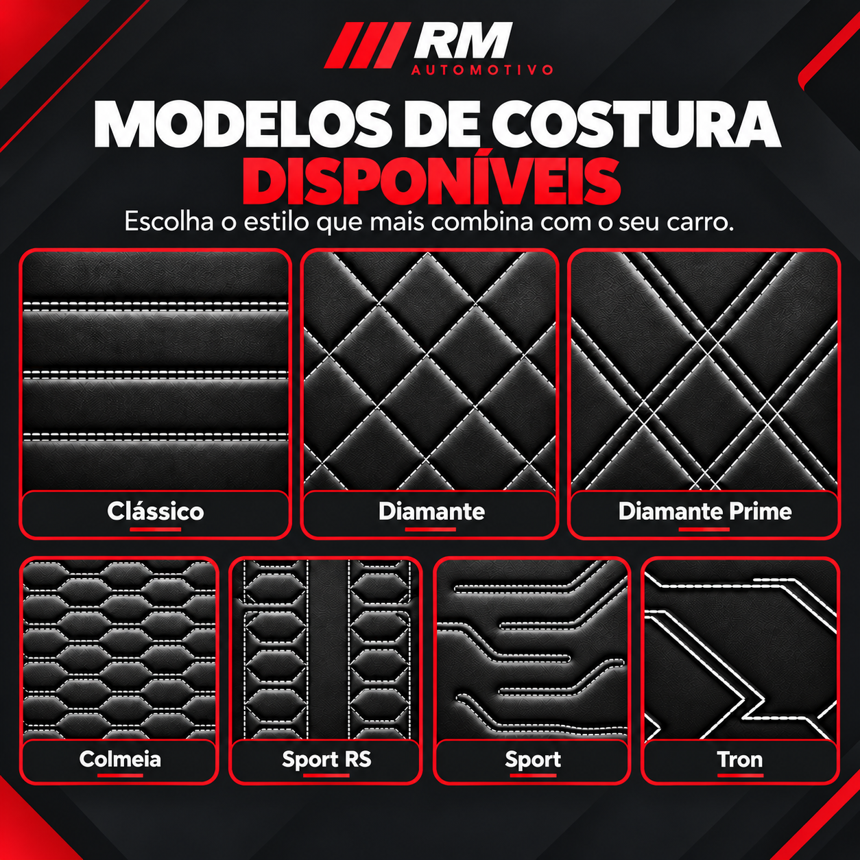 Catálogo RM Automotivo com os 7 modelos de costura disponíveis
