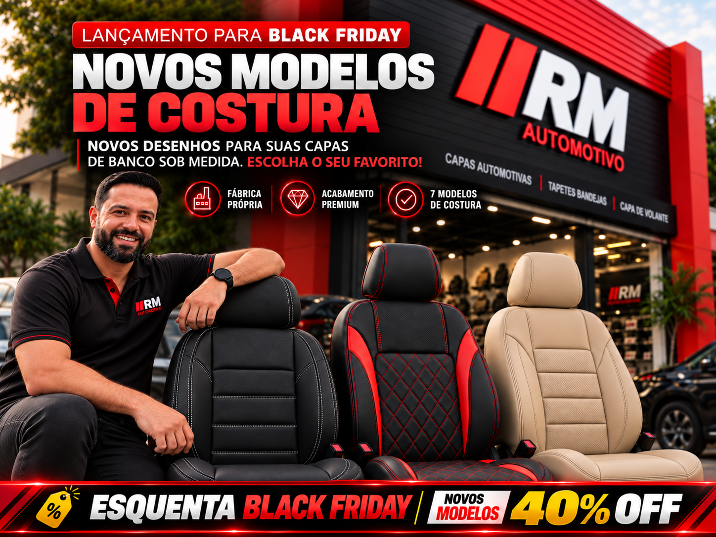 RM Automotivo — lançamento para Black Friday: novos modelos de costura para capas de banco sob medida, com 40% de desconto
